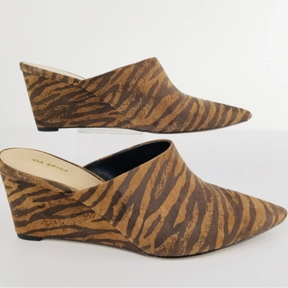 Via Spiga tiger print suede wedge mules